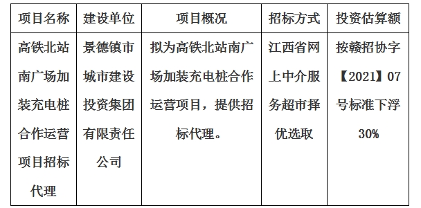 高鐵北站南廣場加裝充電樁合作運營項目招標(biāo)代理計劃公告